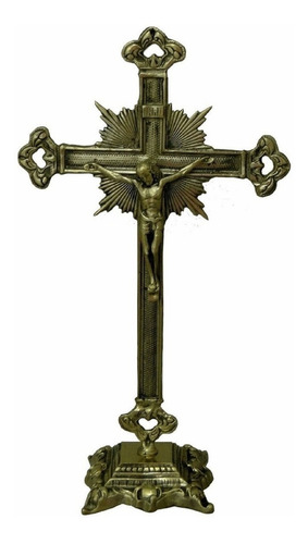 Crucifixo De Mesa Altar Todo Trabalhado Bronze Igreja Padres