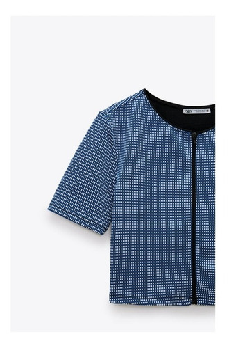 Zara Blusa Crop Top Manga Corta Cierre Jacquard Azul Talla M