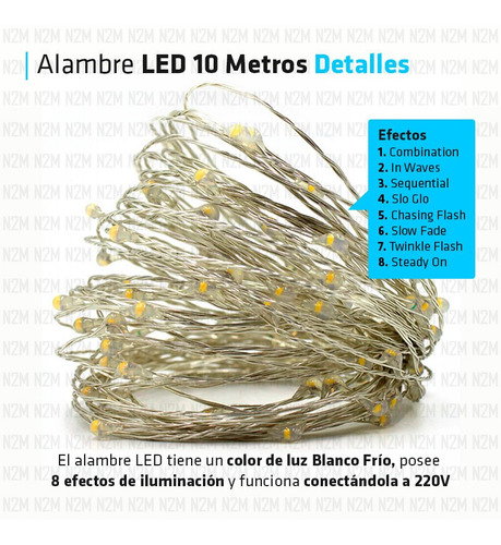 Imagen 3 de 10 de Alambre Luces Led 10 Metros Colores Exterior 220v Navidad