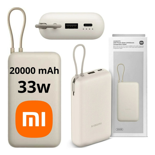 Cargador Portatil Mi Power Bank Xiaomi 33w 20000mah Nuevo Original Carga Rápida Compacto Con Cable Integrado Color Beige