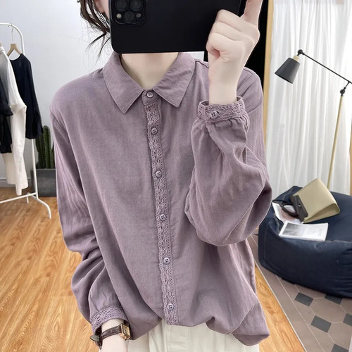 Camisa De Manga Larga Con Encaje Y Algodón Para Mujer