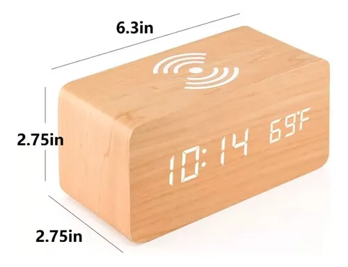 Reloj Digital Despertador Cargador Inalambrico Celul Madera