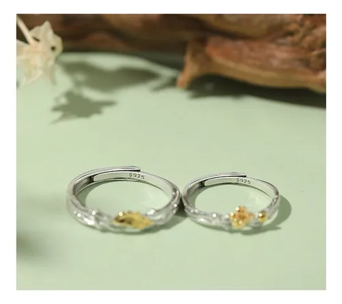 Anillos Plata S925 Ajustables Pareja Roble Y Algodoncillo
