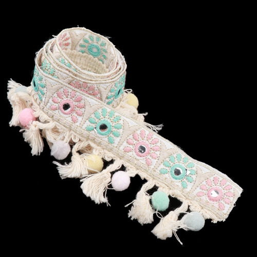 Cinta De Jacquard Con Flecos Y Borlas De Pompones De 1 Yarda