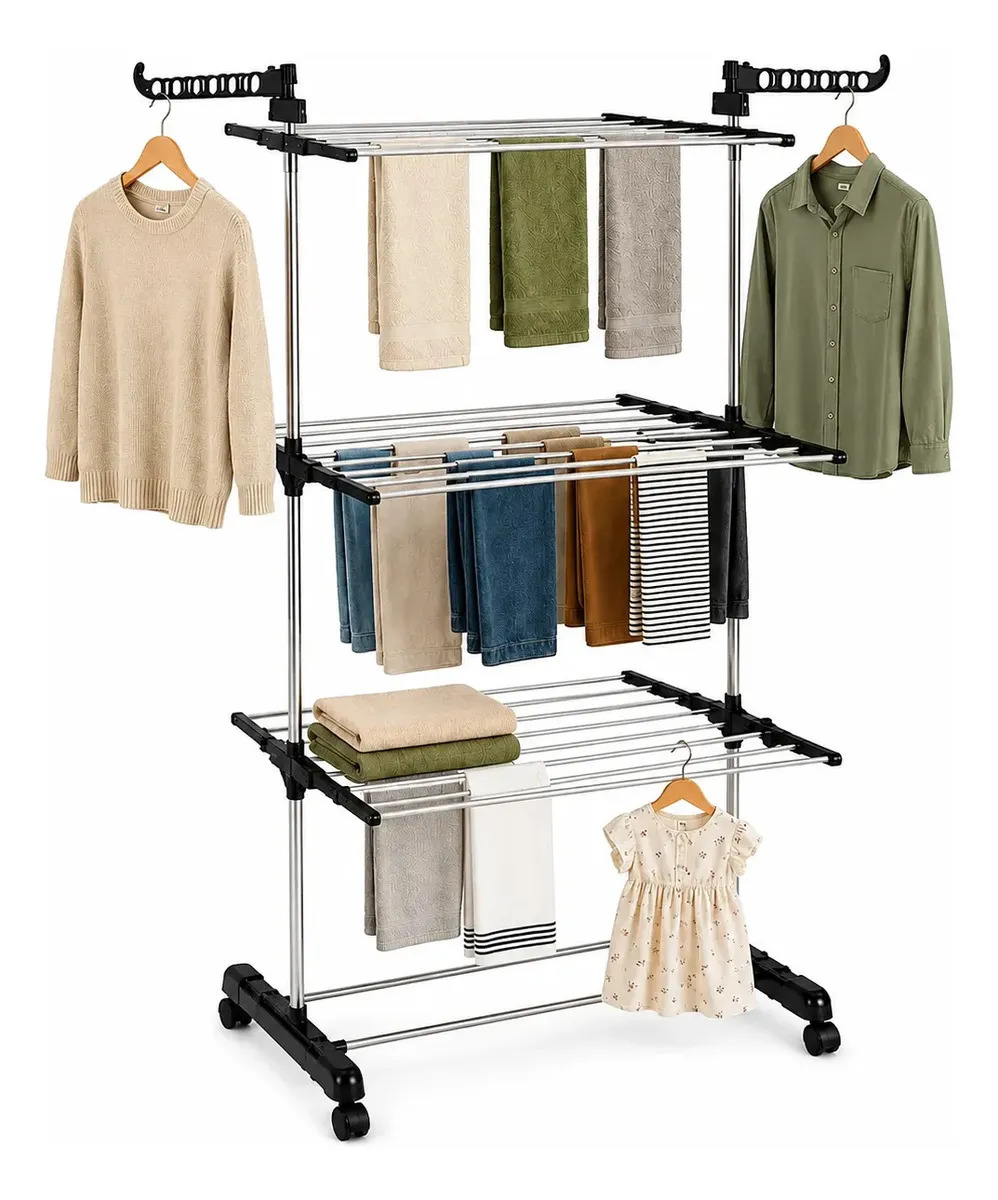 Varal de Chão Dobrável 3 Andares c/ Rodas e 2 Asas Extensíveis, p/ Roupas e Calçados, Aço Reforçado 30kg