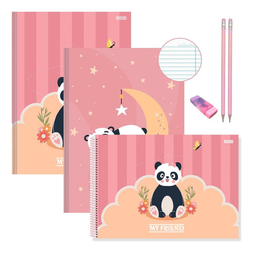 Kit Caderno Capa Dura Brochura 2un + Desenho Urso Panda Fofo