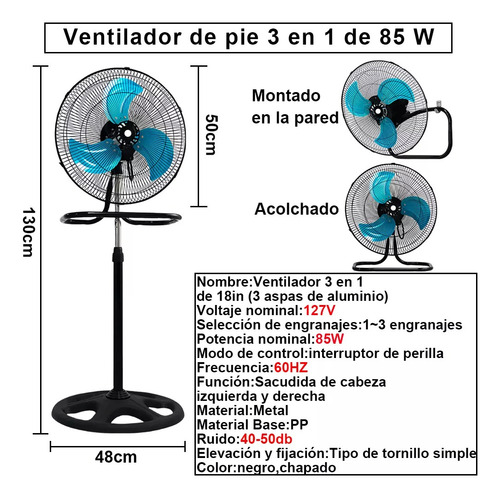 Jeeleeko Ventilador 3en1 Techo Piso Pared Giratorio Ajustable 3 Aspas Estructura Negro Aspas Azul Diámetro 60 Frecuencia 60 Material De Las Aspas Metal