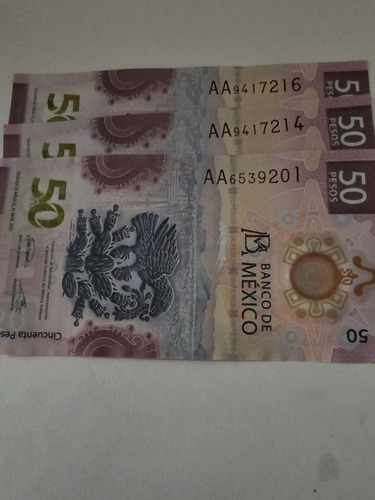 3 Billetes De 50 Pesos Del Ajolote Con Iniciación Aa