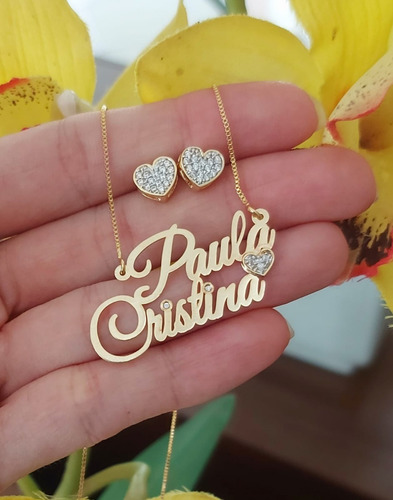 Gargantilha Personalizada Nome Composto Coração Banhada Ouro Cor Dourado