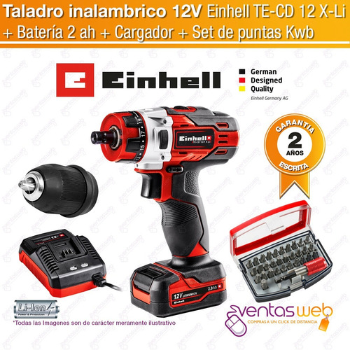Imagen 2 de 7 de Taladro Atornillador Inalambrico Einhell Kit Bateria 12v 2ah