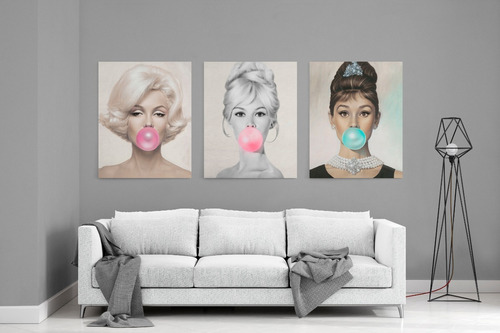 Set Cuadros Canvas Marilyn, Audrey Y Brigitte Gum 50x60 Cm