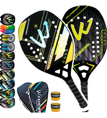 Kit 2 Raquetes Beach Tennis Camewin 100% Fibra De Carbono 3k Cor Primeyellow / Palmyellow