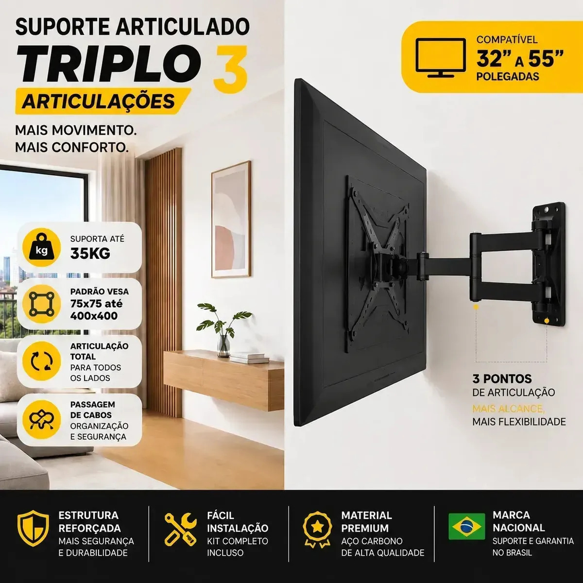 Suporte Tv Articulado Tri-articulado Parede Universal 32 A 55 Polegadas Braco Longo Lcd Led Smart