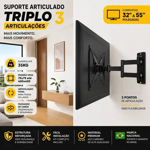 Suporte Tv Articulado Tri-articulado Parede Universal 32 A 55 Polegadas Braco Longo Lcd Led Smart