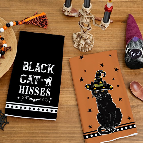 Juego De 2 Paños De Cocina De Halloween, Gato Naranja Hisses