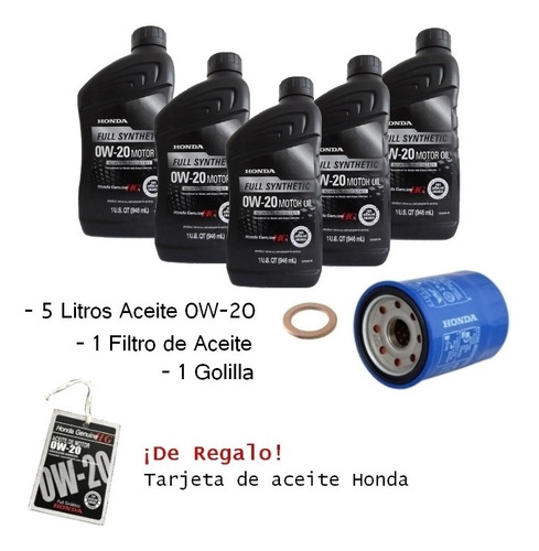 Pack Aceite Honda 0w20 5 Lts + Filtro De Aceite Y Golilla