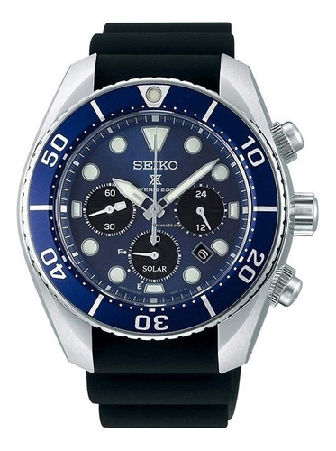 Reloj pulsera Seiko Prospex SSC759 de cuerpo color plateado, analógica, para hombre, fondo azul, con correa de silicona color negro, agujas color plateado y blanco, dial blanco y plateado, subesferas color negro y blanco, minutero/segundero blanco, bisel color azul