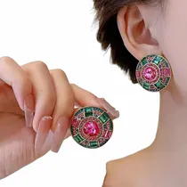 Comprar Aros Círculo Cristales Tonos Verde Esmeralda Y Rubi Bañado O