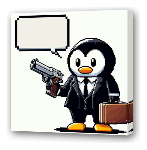 Cuadro 30x30cm Pinguino Con Pistola Pixel Art Maletin