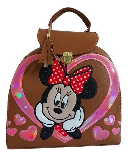 Imagen 1 de 7 de Bolsa - Mochila Para Dama, De Minnie Mouse, En Color Cafe