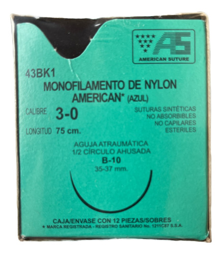 Sutura Nylon Azul 3-0 1/2 Circulo Ahusada 35-37mm American