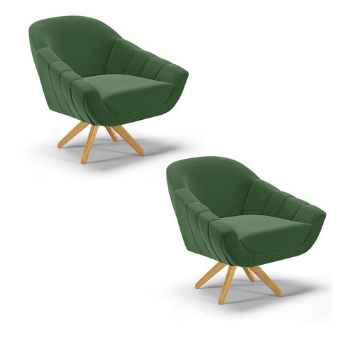 Kit 02 Poltronas Giratória Giovana Suede Verde Base Madeira