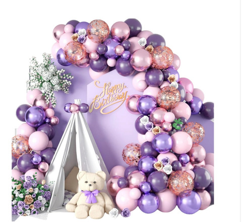 Paquete De Globos Arco Guirnalda Rosa Confetti Morado 90pz