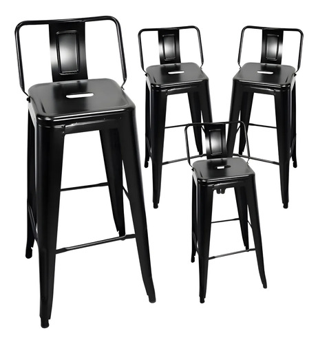 Set 4 Bancos Metálico Alto Tolix Respaldo Barra Comedor Color Negro