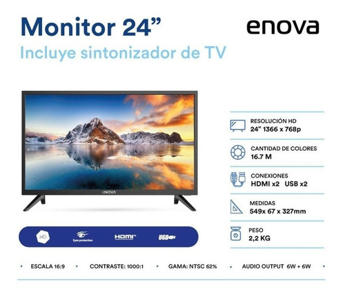 Imagen 4 de 7 de Tv Enova Monitor 24 Pulgadas Led Hd Led Negro Mod 24d1-tdf