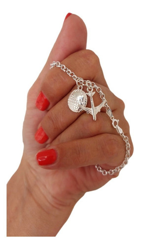 Pulsera Rolo Con Dije Mundo Y Avion Azafata Plata 925