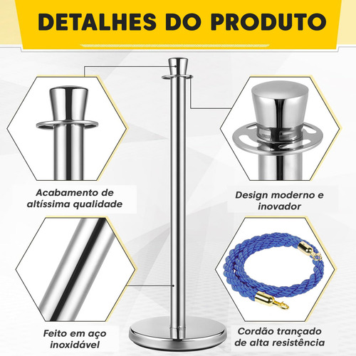 2 Pedestais Separadores De Fila Cromados + 1 Cordão Azul