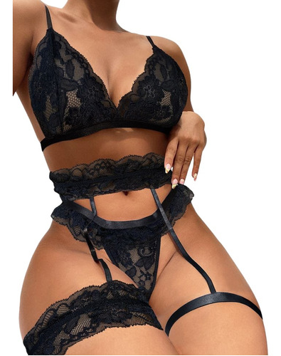 Conjunto Lencería Intima Encaje Bralette Hilo Liguero  