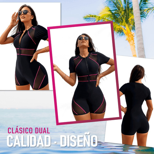 Kl Traje De Baño Una Pieza Manga Corta Negro Bikini Con