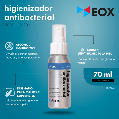 Caja 35 Un. Higienizador Alcohol 70% Registro Isp Eox 70 Ml