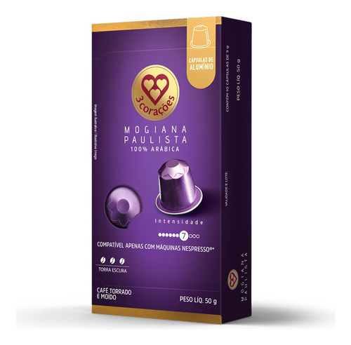 Kit cápsula de café espresso Mogiana Paulista Compatível com máquinas Nespresso 100 unidades de 5gr cada 3 Corações