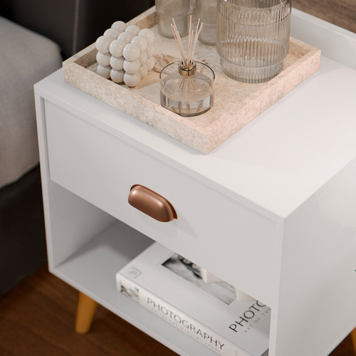 Mesa Criado 2 Bide Perola Conjunto Casal C/ Cabeceira Suede Brilhante Bege 1.40 / Branco