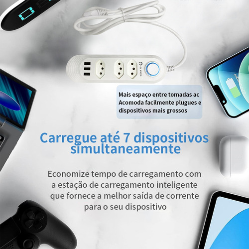 Extensão Elétrica 3 Tomadas Régua Bivolt C/3 Usb Cabo 1.8m