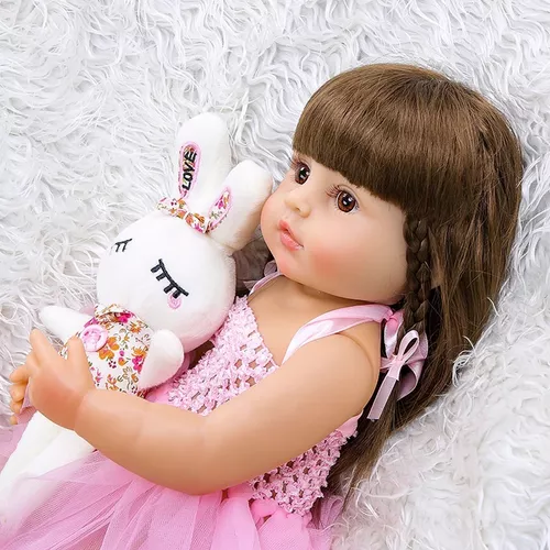 Brastoy Boneca Bebê Reborn Silicone Menina Olhos Castanhos 55cm em