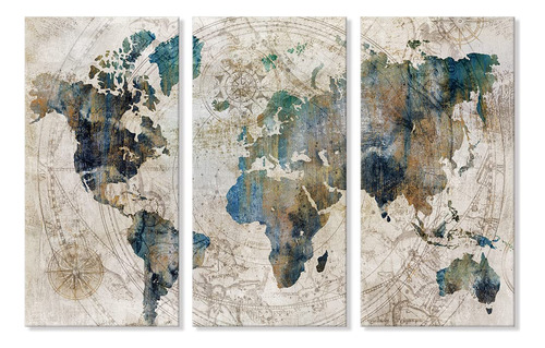 Goldfoilart Lienzo Decorativo Vintage Con Mapa Del Mundo Par