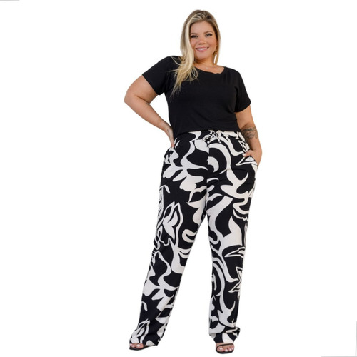 Calça Feminina Viscose Estampada Soltinha Bolsos Plus Size