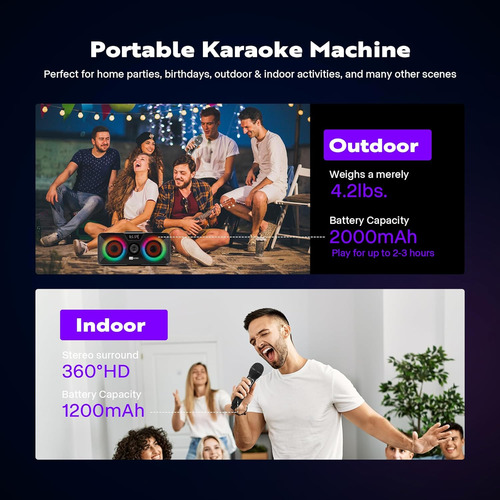 Máquina De Karaoke Altavoz Bluetooth Portátil Con 2 Micrófon
