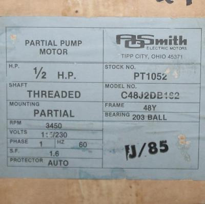 Ao Smith Motor Pt1052 Partia Pump 1/2 Hp 3450 Rpm 115/23 Aac