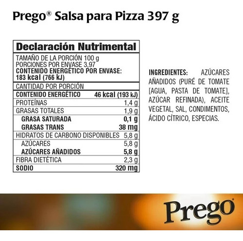 Salsa De Tomate Tradicional Para Pizza Prego 397gr