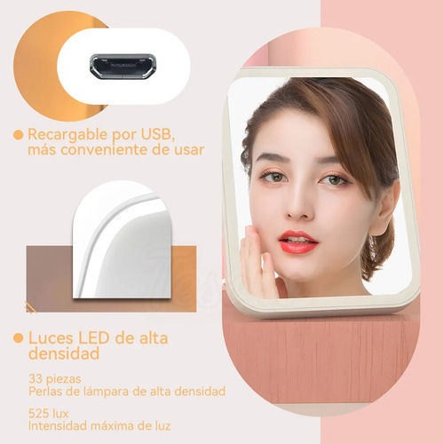 Espejo De Maquillaje Led De 3 Niveles Recargable Usb