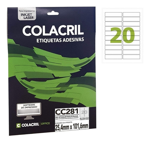 Etiqueta 25,4x101,6mm Cx C/25 Fls X20 P/folha Cc281 Colacril