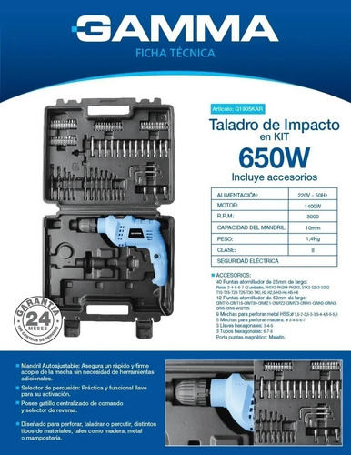 Taladro Atornillador Percutor Gamma 650w 10mm Reversa + Acc