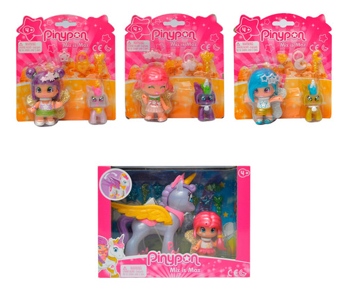 4 Muñecas Pinypon Hadas Con Unicornio Morado Mix & Match