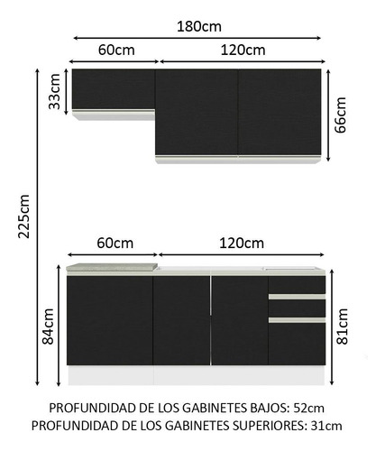 Madesa Glamy 180007 C Armá Balcão S Tamp Bp para cocina completa, color blanco/negro