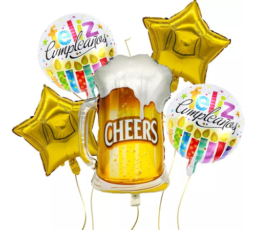 Kit 5 Globos Feliz Cumpleaños Tarro Cerveza Cheers Estrellas