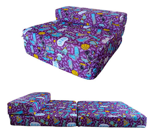 Sofá Cama Infantil Plegable, Colchoneta Con Soporte Firmé Color Morado Palmeras